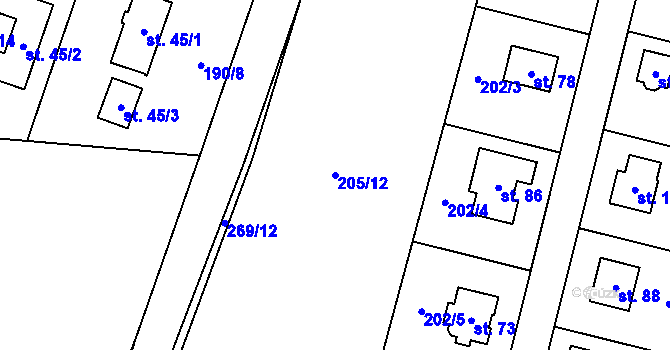 Parcela st. 205/12 v KÚ Kuchař, Katastrální mapa