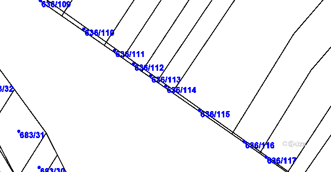 Parcela st. 636/114 v KÚ Kuchařovice, Katastrální mapa