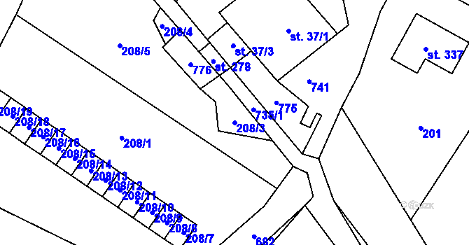 Parcela st. 208/3 v KÚ Kunčice nad Labem, Katastrální mapa