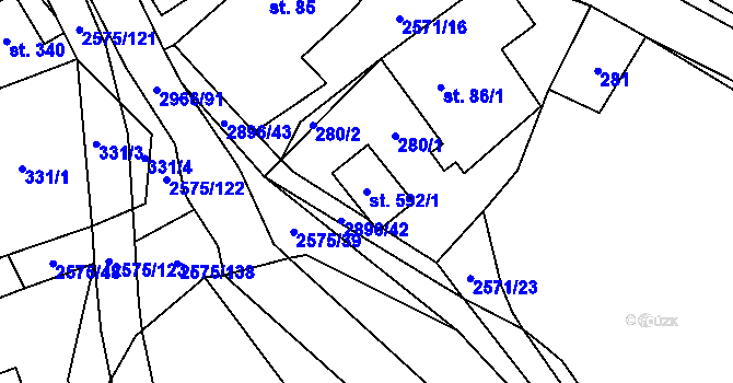 Parcela st. 592/1 v KÚ Kunčina, Katastrální mapa