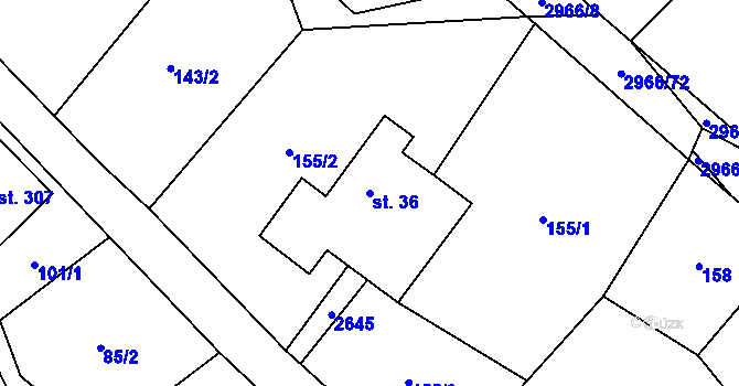 Parcela st. 36 v KÚ Kunčina, Katastrální mapa