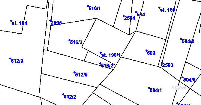 Parcela st. 190/1 v KÚ Kunčina, Katastrální mapa