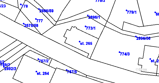 Parcela st. 265 v KÚ Kunčina, Katastrální mapa