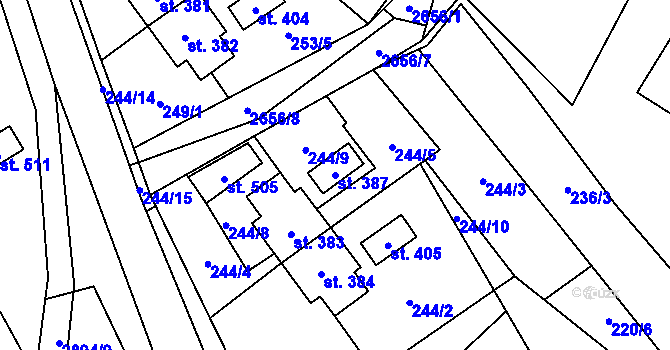 Parcela st. 387 v KÚ Kunčina, Katastrální mapa