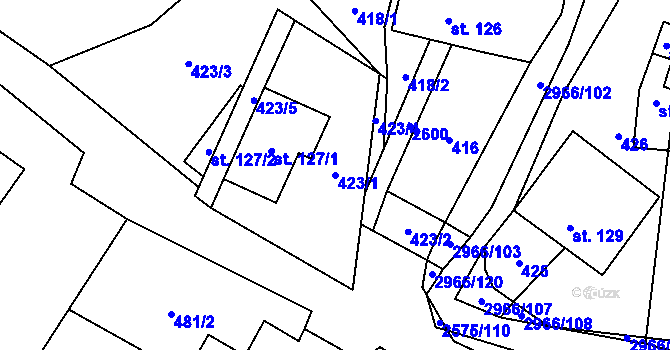 Parcela st. 423/1 v KÚ Kunčina, Katastrální mapa