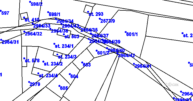 Parcela st. 601/2 v KÚ Kunčina, Katastrální mapa