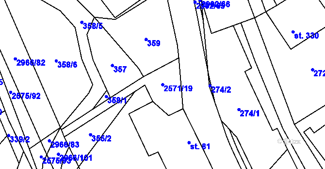 Parcela st. 2571/19 v KÚ Kunčina, Katastrální mapa