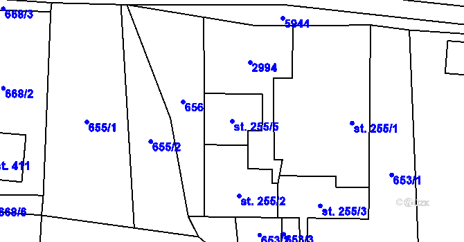 Parcela st. 255/5 v KÚ Kunčina, Katastrální mapa