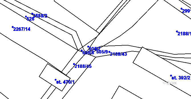 Parcela st. 505/9 v KÚ Kunčina, Katastrální mapa