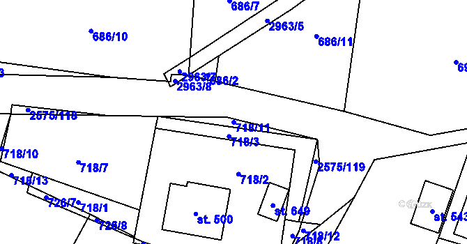 Parcela st. 718/11 v KÚ Kunčina, Katastrální mapa