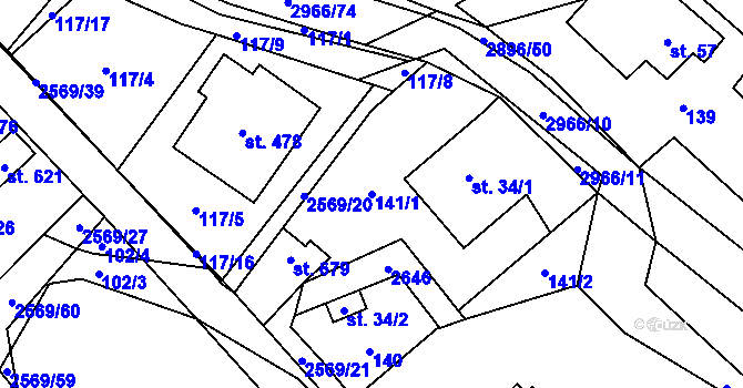 Parcela st. 141/1 v KÚ Kunčina, Katastrální mapa