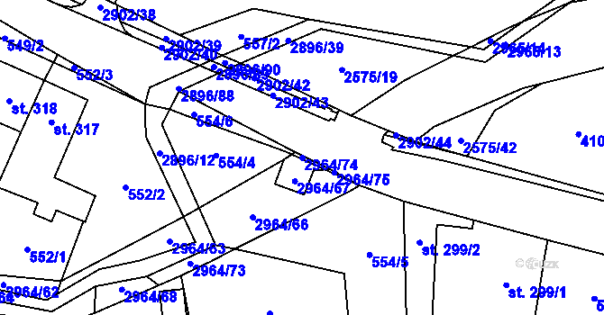 Parcela st. 2964/74 v KÚ Kunčina, Katastrální mapa