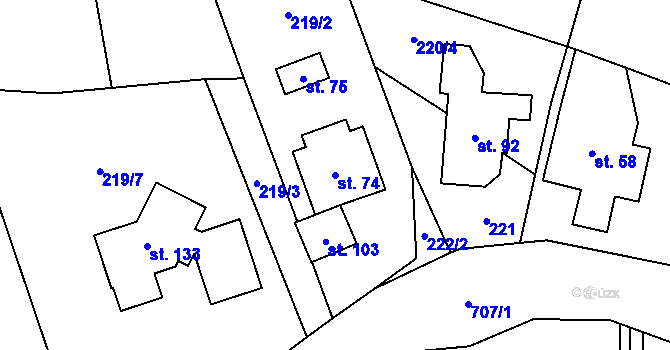 Parcela st. 74 v KÚ Kunice, Katastrální mapa