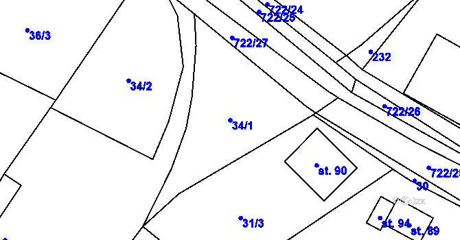 Parcela st. 34/1 v KÚ Kunice, Katastrální mapa