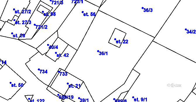 Parcela st. 36/1 v KÚ Kunice, Katastrální mapa