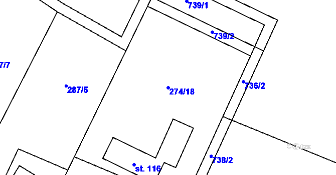 Parcela st. 274/18 v KÚ Kunice, Katastrální mapa