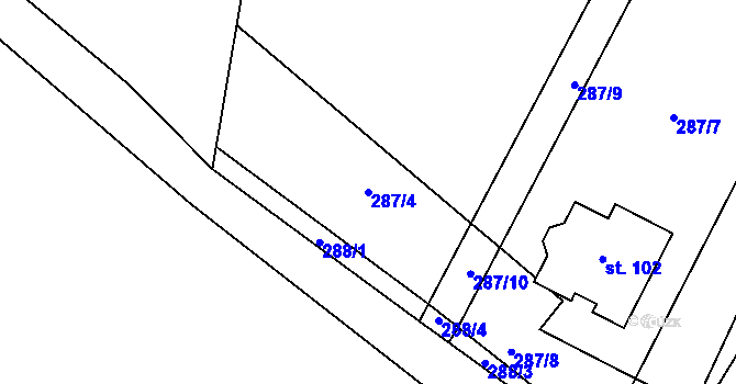 Parcela st. 287/4 v KÚ Kunice, Katastrální mapa