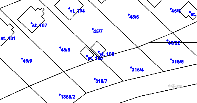 Parcela st. 105 v KÚ Kuničky, Katastrální mapa