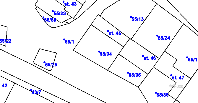 Parcela st. 55/34 v KÚ Kuničky, Katastrální mapa