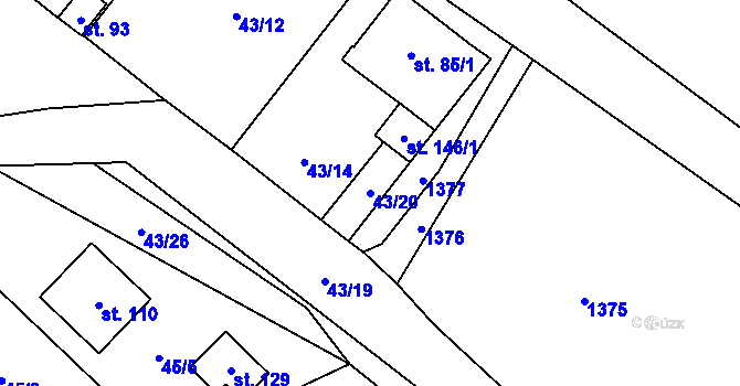 Parcela st. 43/20 v KÚ Kuničky, Katastrální mapa