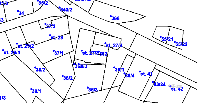 Parcela st. 362 v KÚ Kuničky, Katastrální mapa