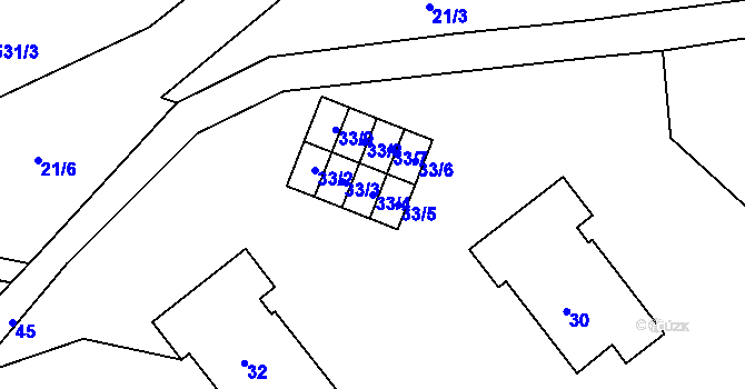 Parcela st. 33/4 v KÚ Kunín, Katastrální mapa