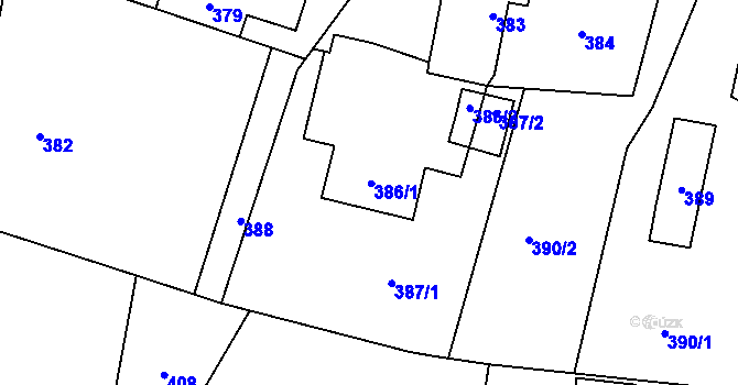 Parcela st. 386 v KÚ Kunín, Katastrální mapa