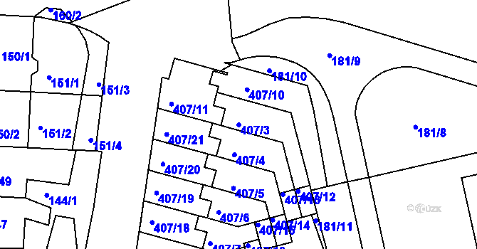 Parcela st. 407/3 v KÚ Kunovice u Uherského Hradiště, Katastrální mapa