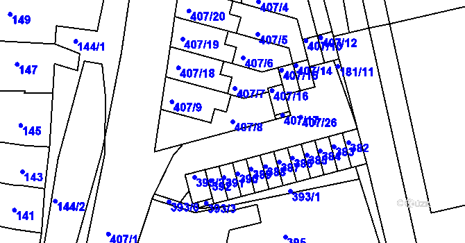 Parcela st. 407/8 v KÚ Kunovice u Uherského Hradiště, Katastrální mapa