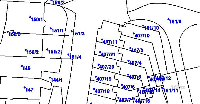Parcela st. 407/21 v KÚ Kunovice u Uherského Hradiště, Katastrální mapa