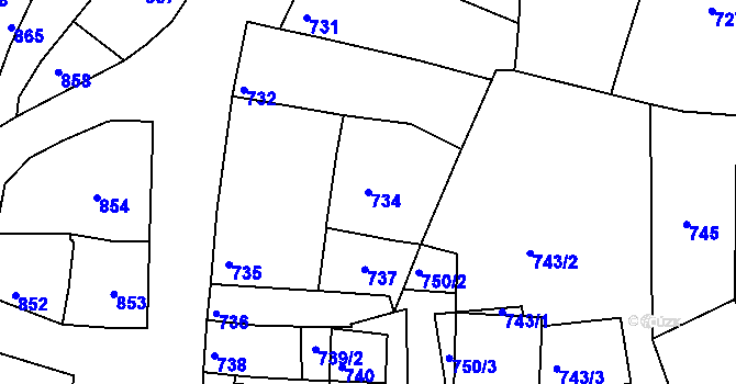 Parcela st. 734 v KÚ Kunovice u Uherského Hradiště, Katastrální mapa