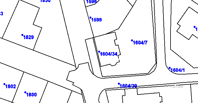 Parcela st. 1604/34 v KÚ Kunovice u Uherského Hradiště, Katastrální mapa