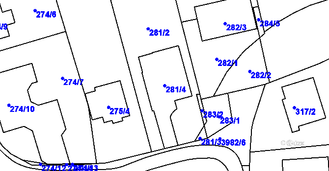 Parcela st. 281/4 v KÚ Kunovice u Uherského Hradiště, Katastrální mapa