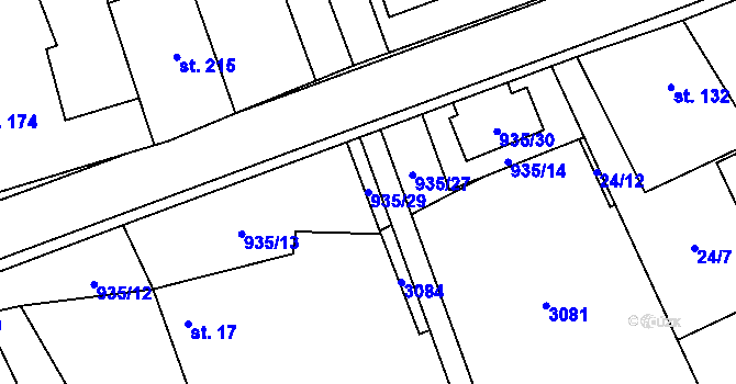 Parcela st. 935/29 v KÚ Kunovice, Katastrální mapa