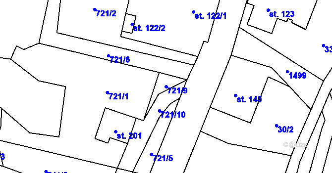 Parcela st. 721/9 v KÚ Kunratice u Frýdlantu, Katastrální mapa