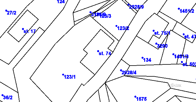 Parcela st. 74 v KÚ Kunratice u Cvikova, Katastrální mapa