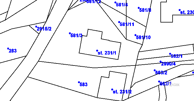 Parcela st. 231/1 v KÚ Kunratice u Cvikova, Katastrální mapa