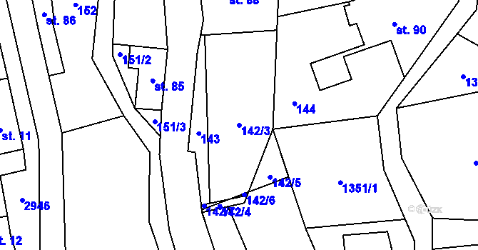 Parcela st. 142/3 v KÚ Kunratice u Cvikova, Katastrální mapa