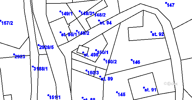 Parcela st. 150/1 v KÚ Kunratice u Cvikova, Katastrální mapa