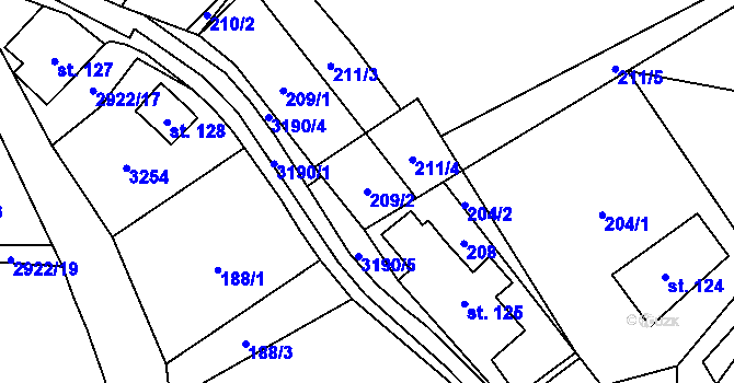 Parcela st. 209/2 v KÚ Kunratice u Cvikova, Katastrální mapa