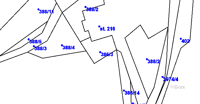 Parcela st. 386/3 v KÚ Kunratice u Cvikova, Katastrální mapa