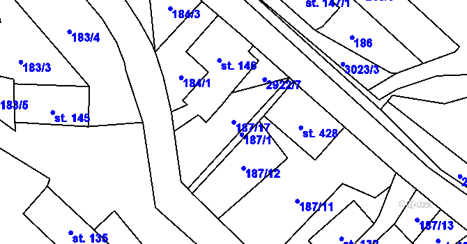 Parcela st. 187/17 v KÚ Kunratice u Cvikova, Katastrální mapa