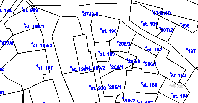 Parcela st. 189 v KÚ Kunžak, Katastrální mapa