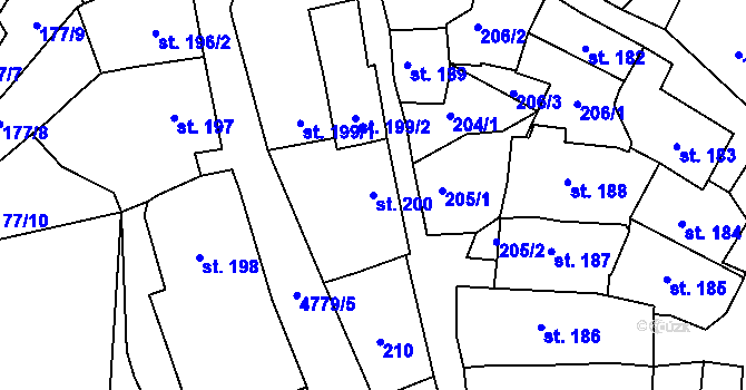 Parcela st. 200 v KÚ Kunžak, Katastrální mapa