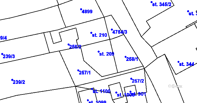 Parcela st. 209 v KÚ Kunžak, Katastrální mapa