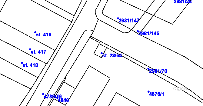Parcela st. 286/4 v KÚ Kunžak, Katastrální mapa