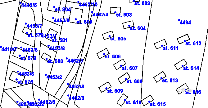 Parcela st. 606 v KÚ Kunžak, Katastrální mapa