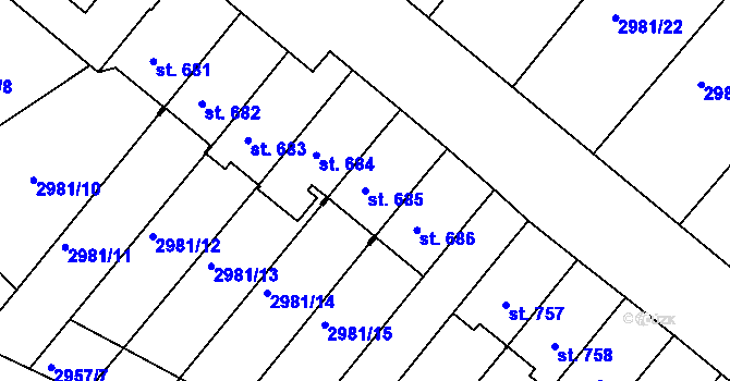 Parcela st. 685 v KÚ Kunžak, Katastrální mapa