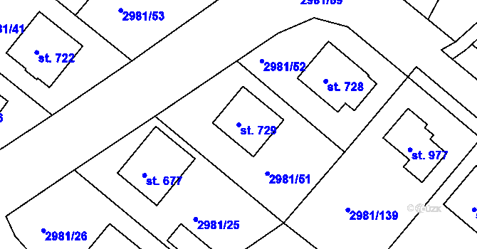 Parcela st. 729 v KÚ Kunžak, Katastrální mapa