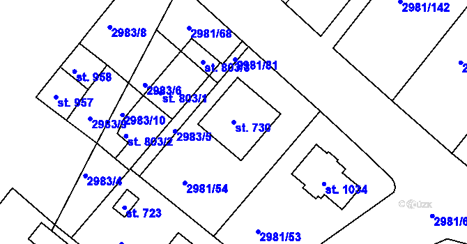 Parcela st. 730 v KÚ Kunžak, Katastrální mapa